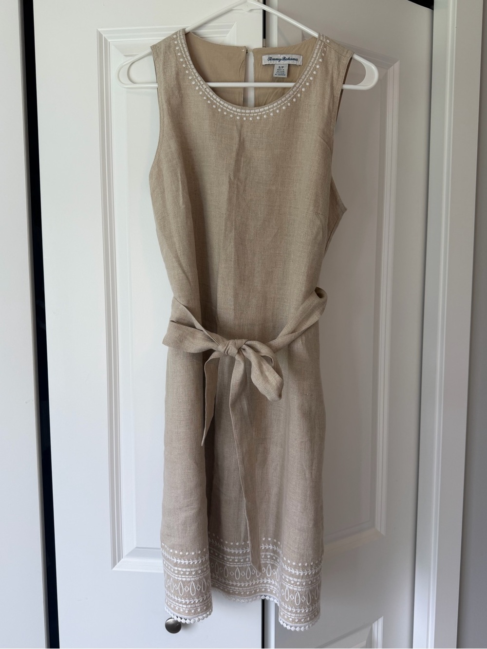 Tommy Bahama Beige Linen Sleeveless Dress with White Embroidery Trim